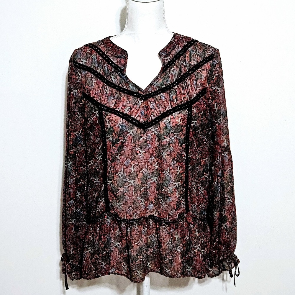 Matilda Jane Womens Top Sz L Carol Sheer Long Sleeve Floral Boho Peasant